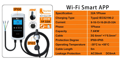 feyree Type2 EV Charger 32A 7.6KW Charging Station Car Charger 11KW 22KW 3Phase EVSE Wallbox 4.3inch Screen Smart APP Control