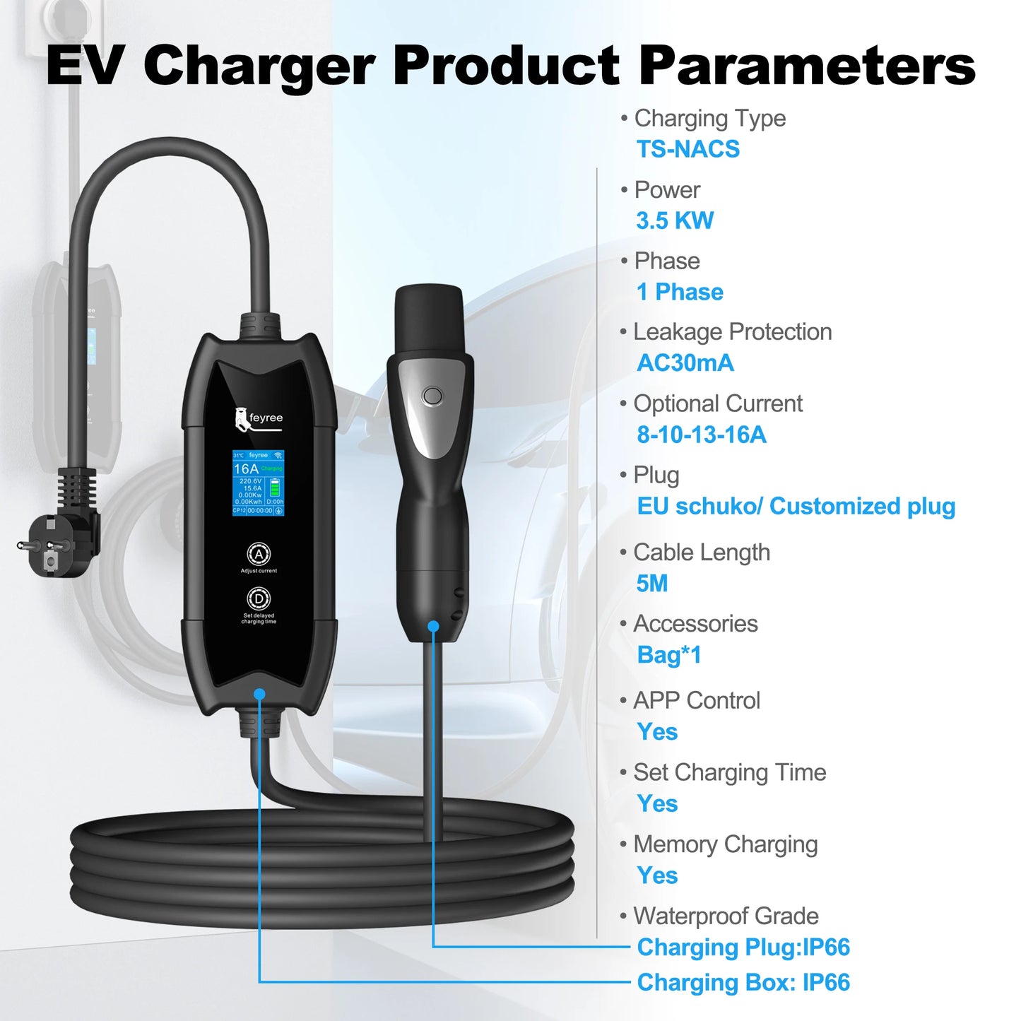 feyree EV Charger TS-NACS Socket 16A 3.5KW APP Control EVSE Portable Charging for Tesla Cars Models 3/Y/S/X Set Charge&DelayTime