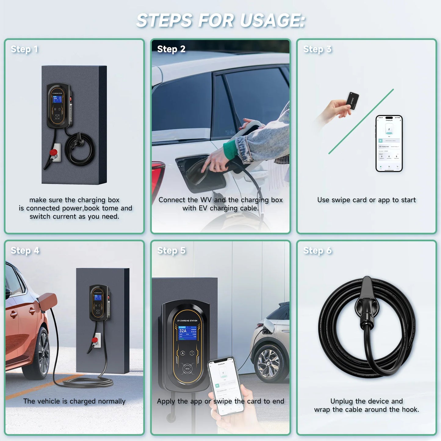 AFYEEV EV Charger 32A 7.6KW Electric Vehicle Car Charger EVSE Wallbox 11KW 22KW 3Phase Type2 Cable IEC62196-2 Socket APP Control