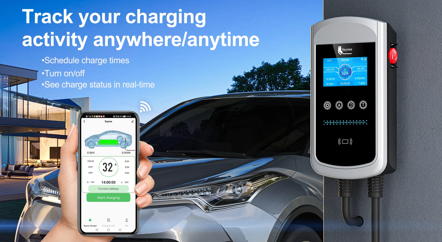 feyree Type1 32A 7.6kW EVSE Wallbox 4.3inch screen Dynamic Load Balancing 40A9.6kW50A12kW EV Charger Smart APP with Charging LOG