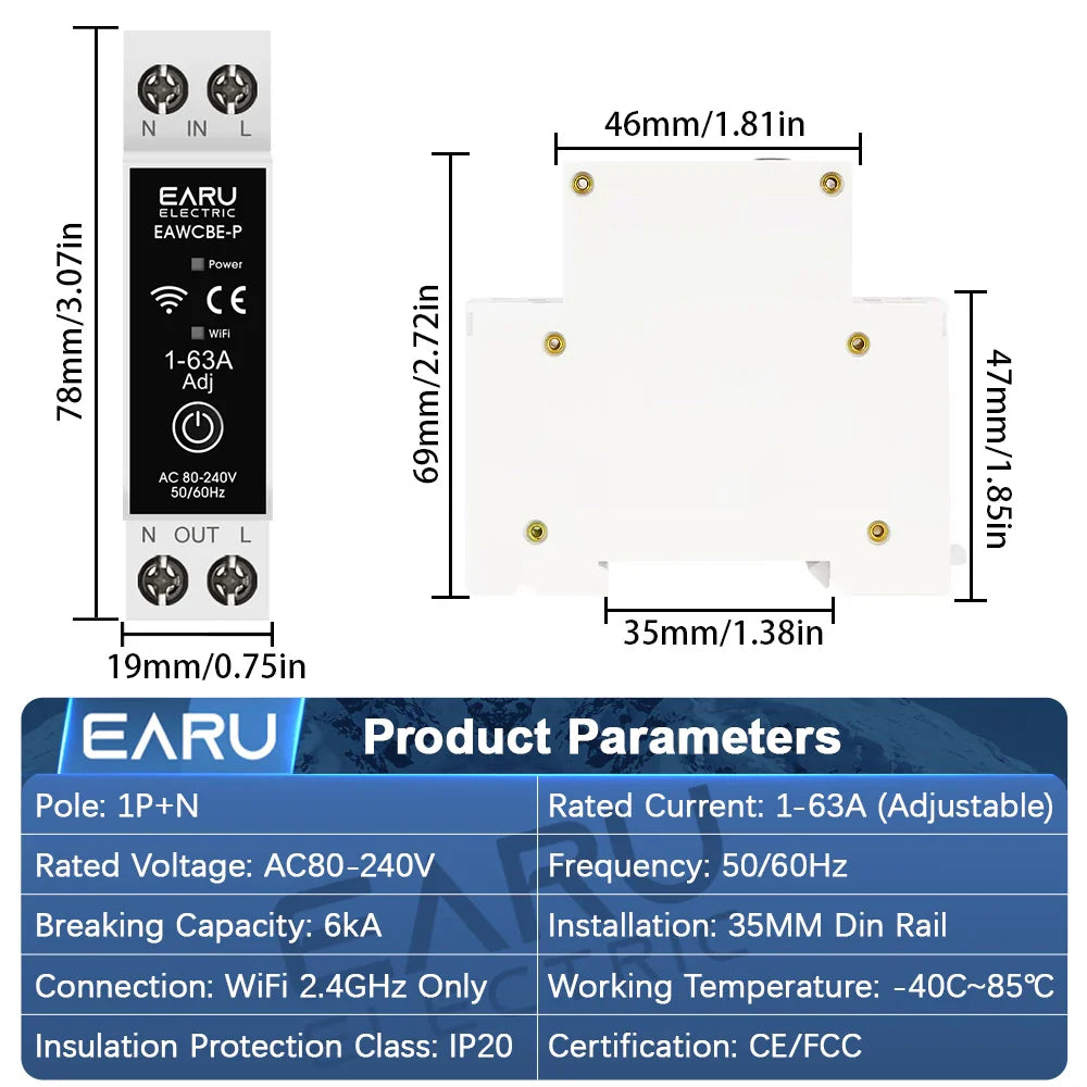 eWeLink MCB WiFi Smart Circuit Breaker 1P+N 63A Timer Relay Switch Energy Metering kWh Voltage Current Protector Remote Control
