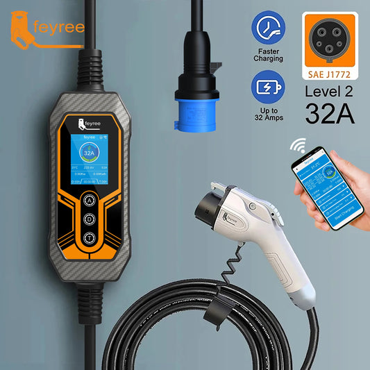 feyree Portable EV Charger Wallbox Type1 j1772 Socket 32A 7KW 1Phase APP Control EVSE Portable Charging Box for Electric Vehicle