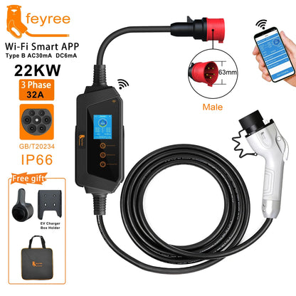 feyree Portable EV Charger GBT Plug Fast 22KW 32A 3Phase Adjusting Current Wi-Fi Smart APP Control Electric Car Charging Station