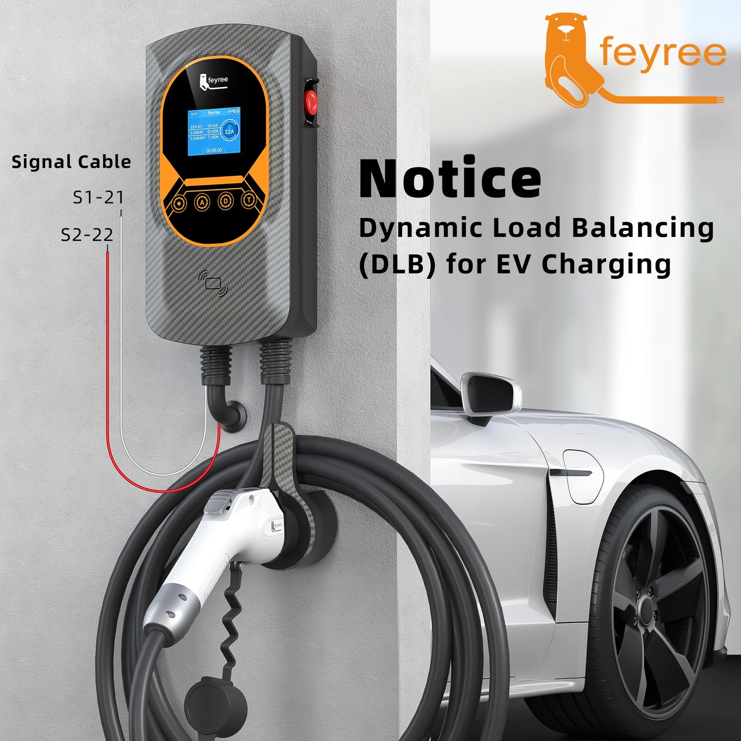 feyree Type 1 7kW 9.6kW 12kW EV Charging Wallbox Adjustable Current EV Home Charger WIFI Bluetooth Control with DLB Function