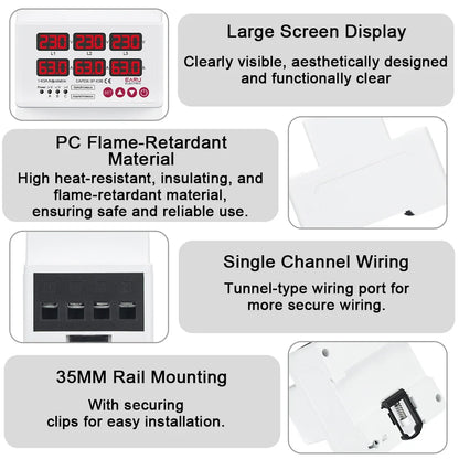 Three Phase Voltage Current Adjustable Over Under Voltage Current Limit Protection Relay Protector 63A 100A with Automatic Reset