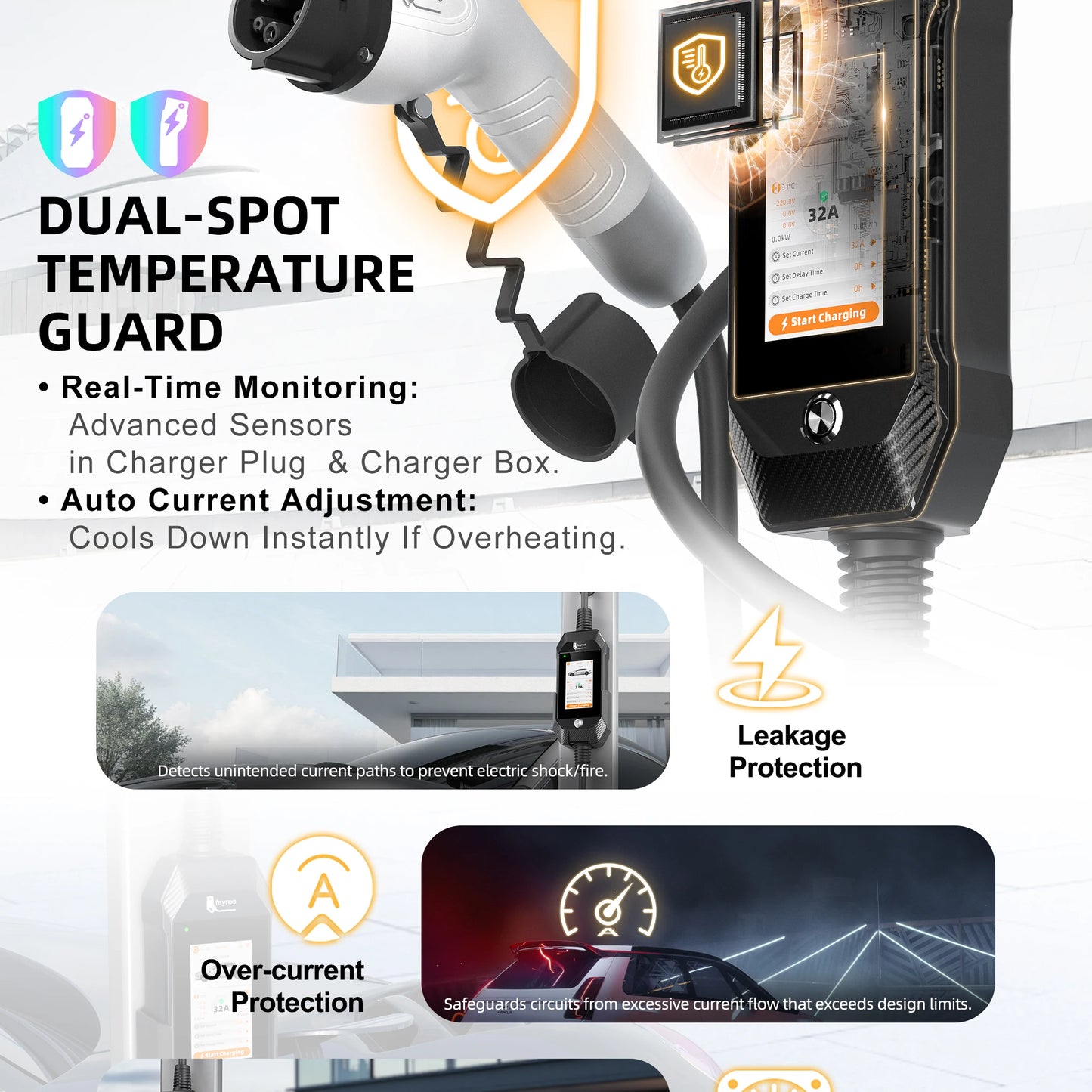 feyree 4.3'' TouchScreen Type1 Charging Plug Portable 7kW EV Charger Dual Temp Portection with Smart APP OTA Upgrade AC Charger