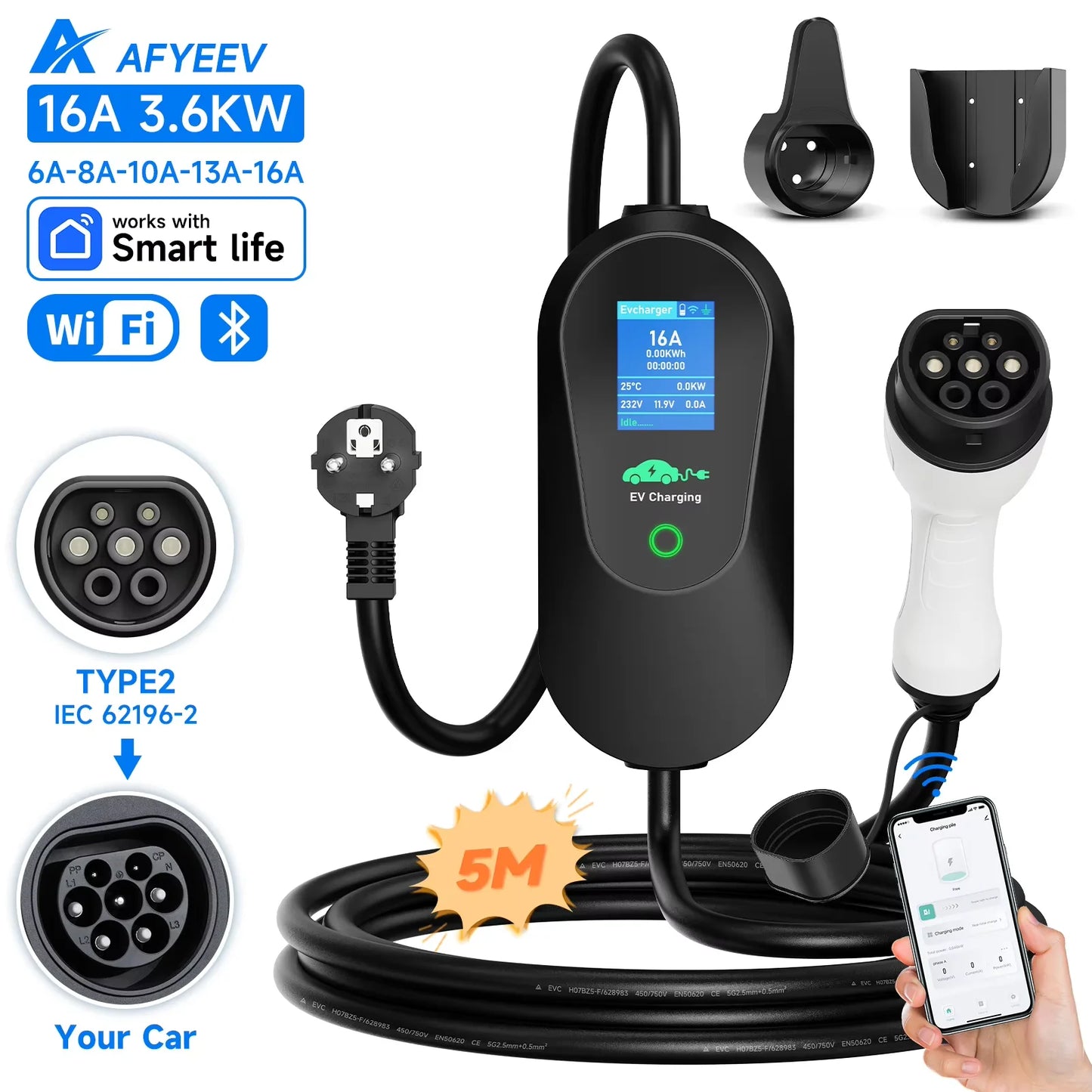 AFYEEV 3600W Portable Type 2 IEC62196-2 EV Charger Type1 SAE J1772 Electric Car Charger EU Plug WiFi Bluetooth APP Control