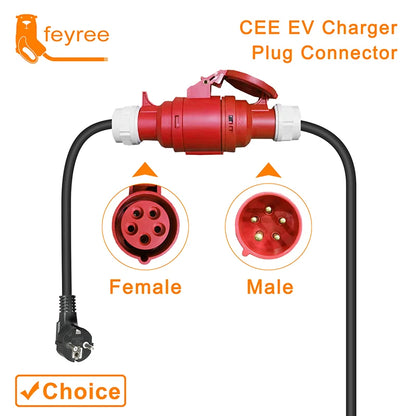 feyree EV Charger Schuko Plug to CEE Red Power Female Plug 5 Pins Socket Adapter Connect with 16A 3 Phase 11KW Portable Charger