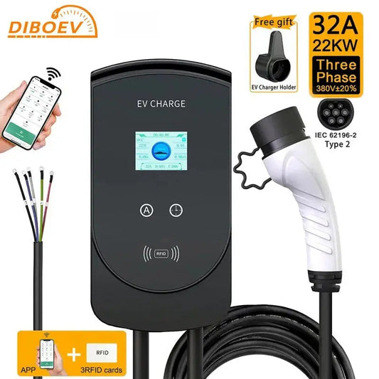 EV Charger Type 2 IEC62196-2 Plug 22KW 32A 3Phase with App Version Wallbox Charging Station 5M Cable Electric Vehicle Car - 54Grid - Renewable Energy Store