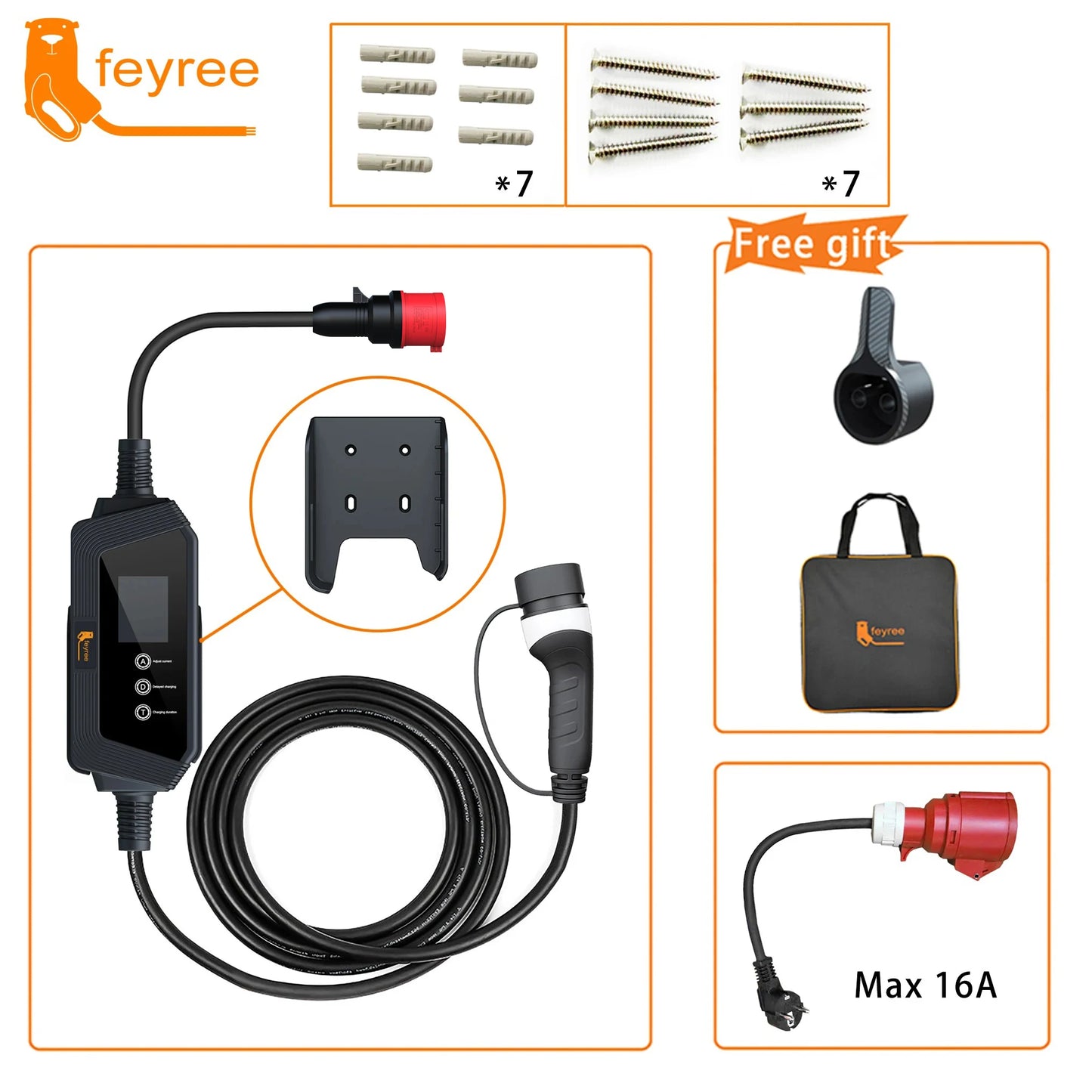 feyree Type2 Portable EV Charger 22KW 32A 3Phase EV Charger EVSE Charging Box 5m Cable with Socket IEC62196-2 for Electric Car