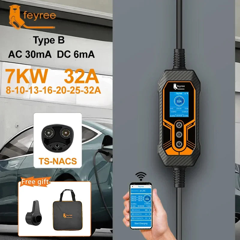 feyree EV Charger TS-NACS Socket 32A 7KW 1Phase APP Control EVSE Wallbox Portable Charging Box for Tesla Cars Models 3/Y/S/X by 54Grid - Renewable Energy Store