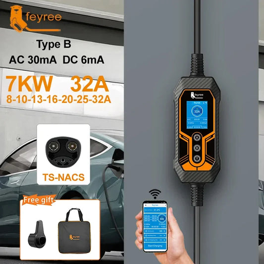 feyree EV Charger TS-NACS Socket 32A 7KW 1Phase APP Control EVSE Wallbox Portable Charging Box for Tesla Cars Models 3/Y/S/X by 54Grid - Renewable Energy Store