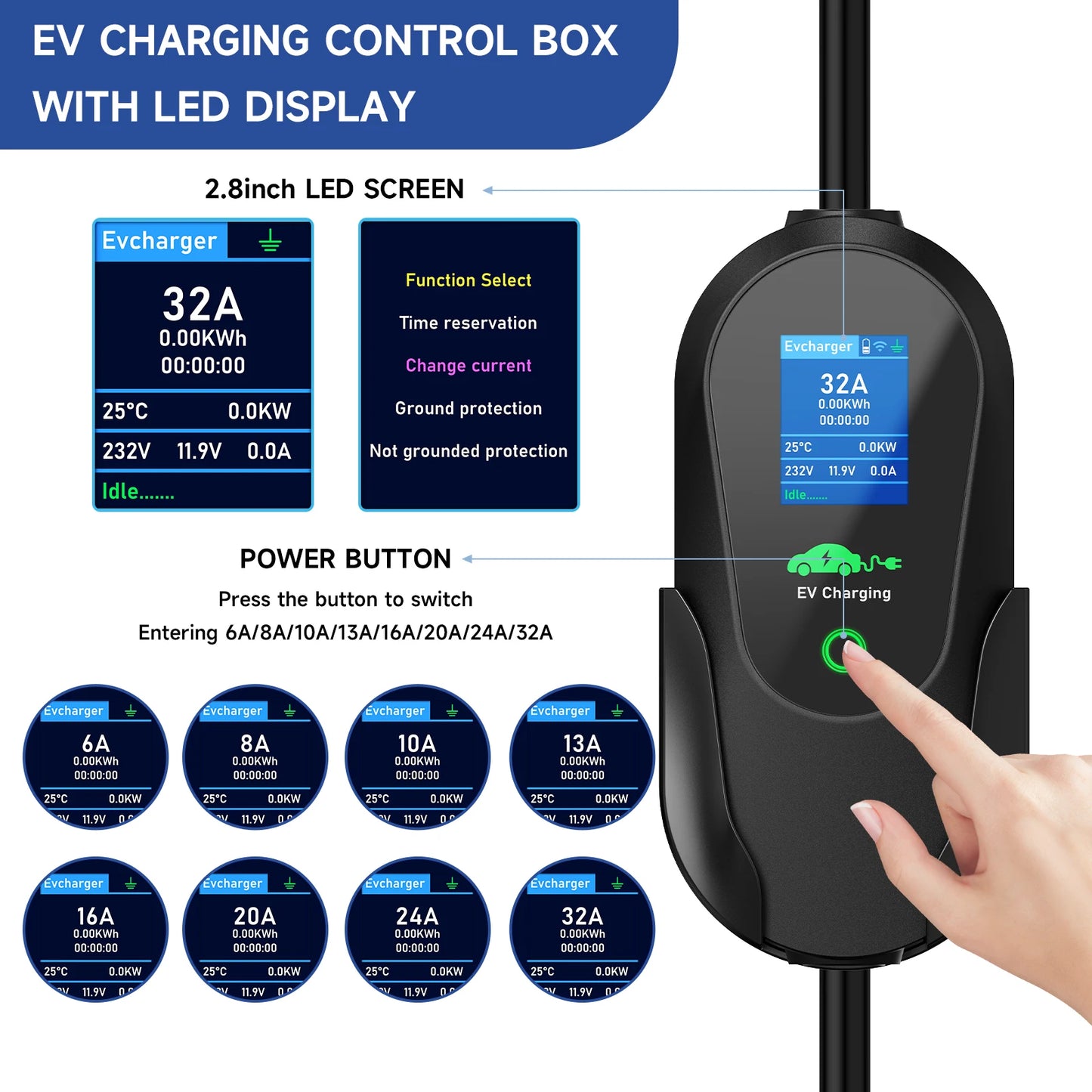 AFYEEV 7.2KW 32A Portable Type2 IEC62196-2 EV Charger Type1 SAE J1772 Electric Car Charger GBT EVSE Charging Cable WiFi APP