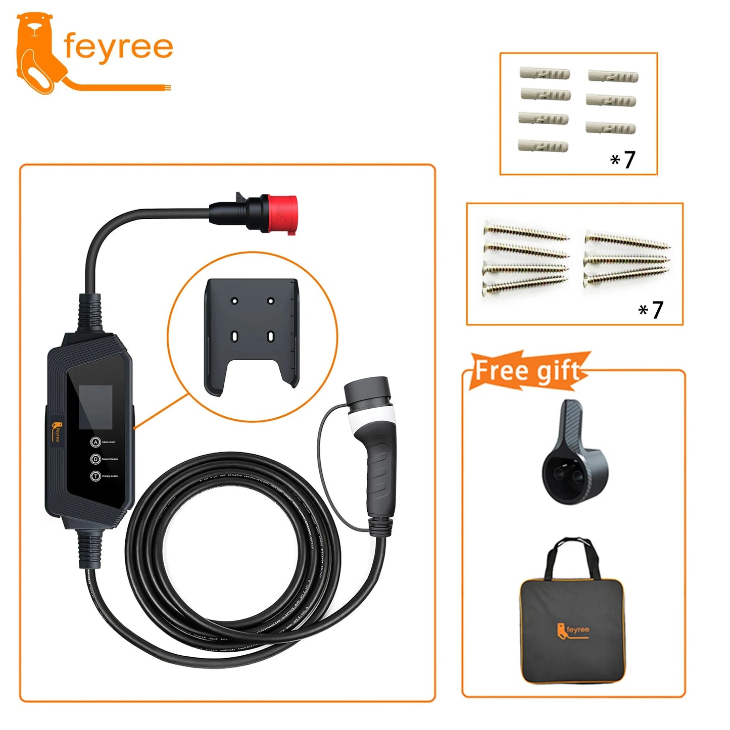feyree 22KW 32A 3Phase EV Charger Type2 Portable EV Charger EVSE Charging Box 5m Cable with Socket IEC62196-2 for Electric Car