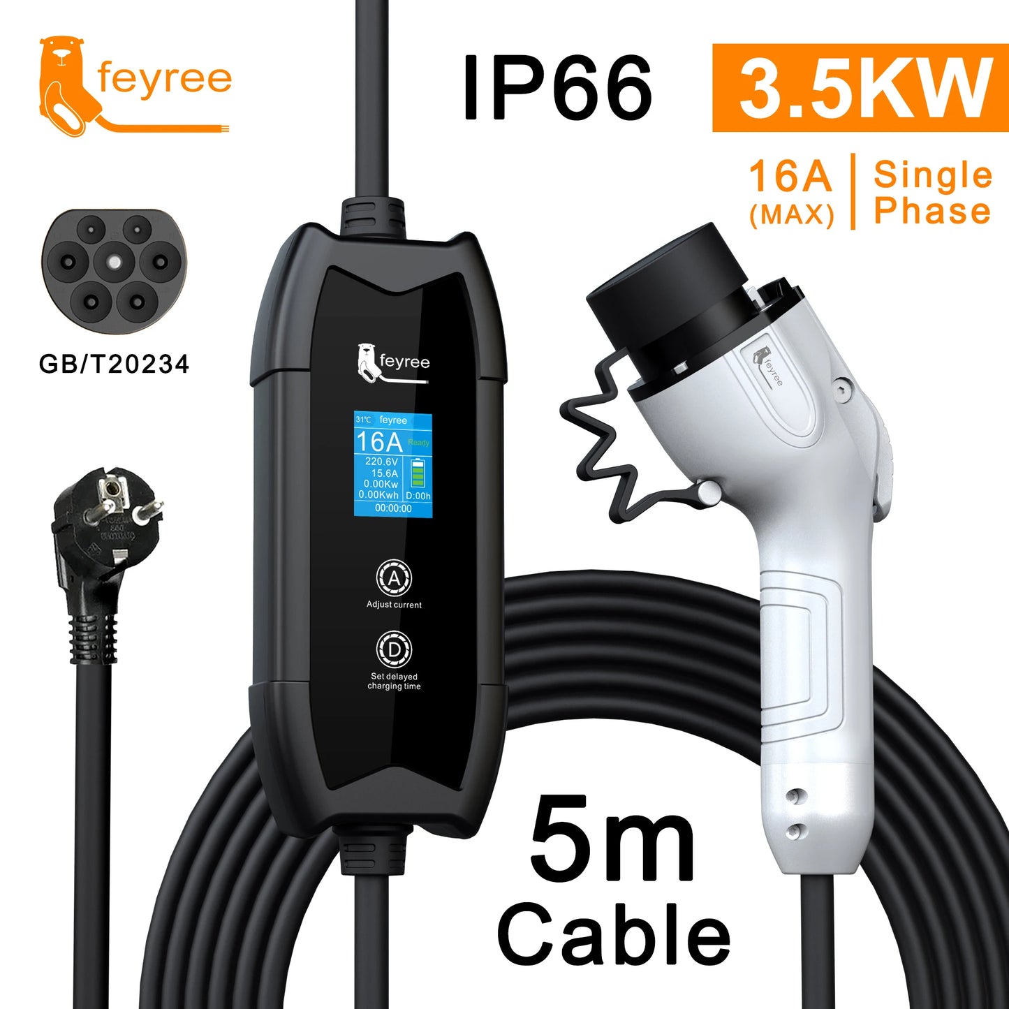 feyree EV Charger Type2 3.5KW 16A Portable Charging Box Set Current and Set Delay Time 5M Cable for Electric Vehicle Car Charger
