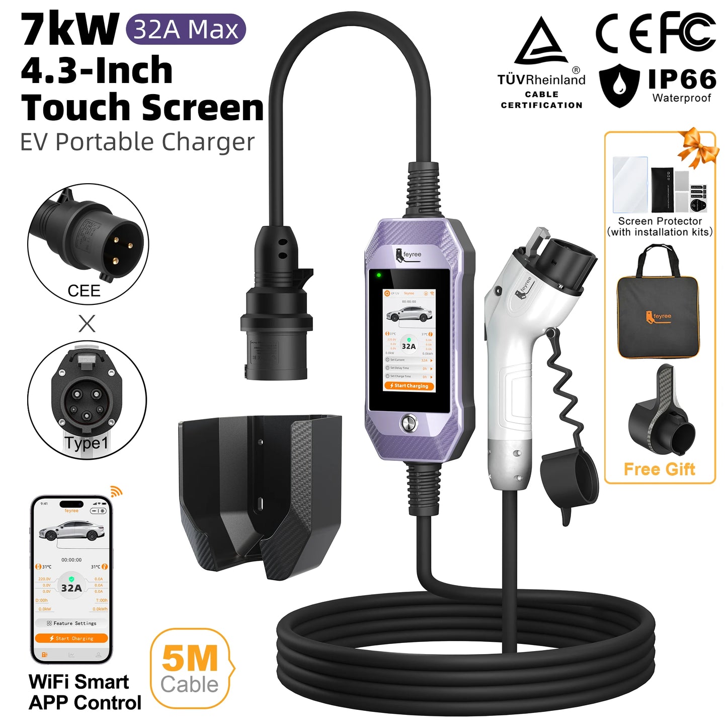 feyree Type2 /Type1 /GBT /TS-NACS 4.3inch Touch Screen EV Charger 32A 7kW 1P Portable Charger Smart APP WiFi Control for EV Cars