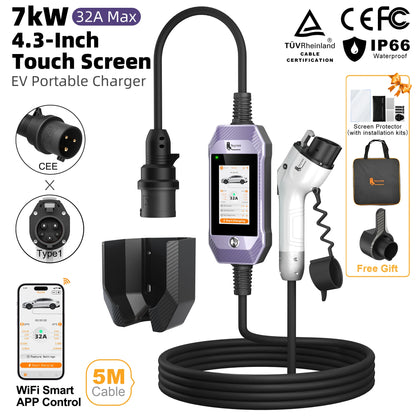 feyree Type2 /Type1 /GBT /TS-NACS 4.3inch Touch Screen EV Charger 32A 7kW 1P Portable Charger Smart APP WiFi Control for EV Cars