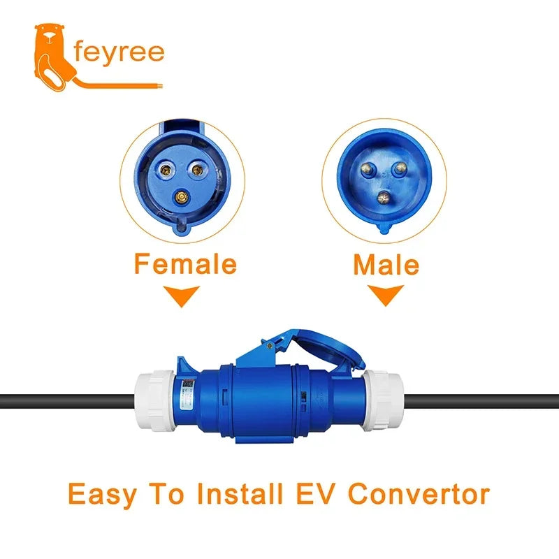 feyree EV Charger CEE Female Socket 3Pins to Schuko Plug Adapter Waterproof Connection WallMount Socket 32A 7KW Portable Charger