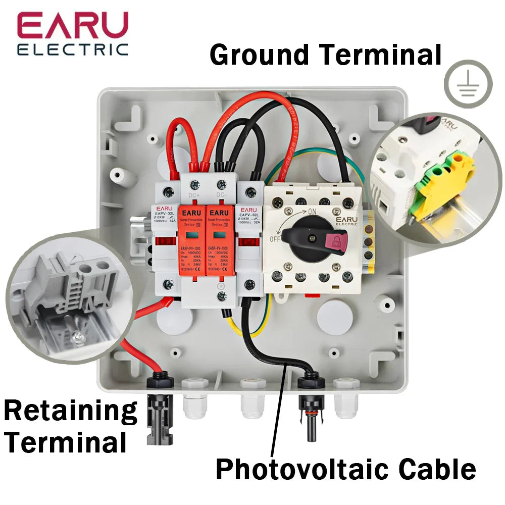 DC 1000V 1 Input 1 Output Solar Photovoltaic PV Combiner Box With Surge Lightning Protection DC Fuse MCB SPD Waterproof Box IP65