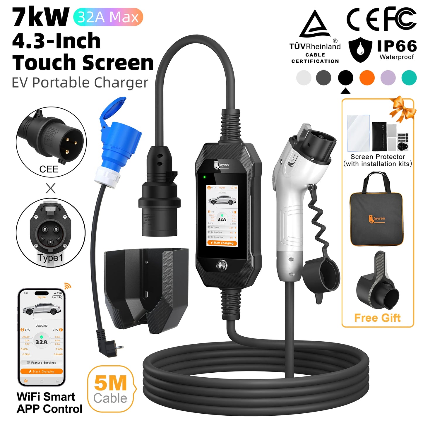 feyree 4.3'' TouchScreen Type1 Charging Plug Portable 7kW EV Charger Dual Temp Portection with Smart APP OTA Upgrade AC Charger