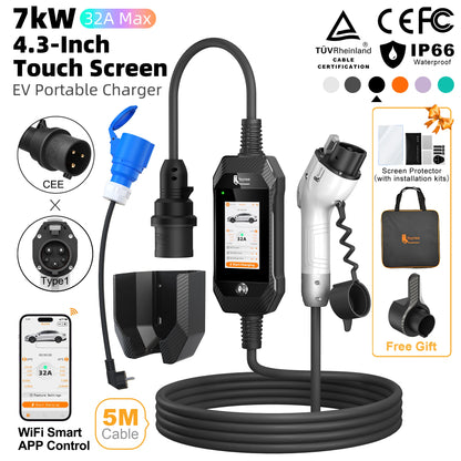 feyree 4.3'' TouchScreen Type1 Charging Plug Portable 7kW EV Charger Dual Temp Portection with Smart APP OTA Upgrade AC Charger