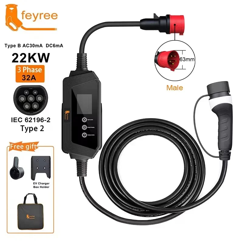 feyree Portable EV Charger Type2 22KW 11KW 3P Fast Charging 7KW 32A 1P for Electric Car Adjusting Current Setting Charging Time