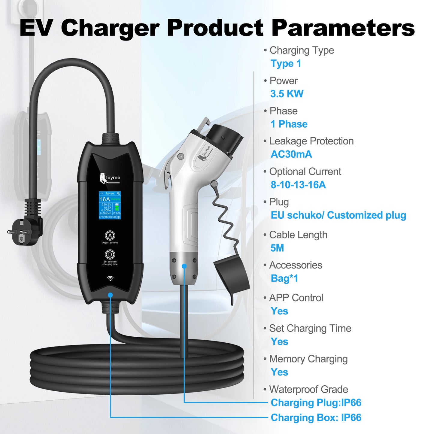 feyree Type1 Portable EV Charger 5m Cable with WIFI APP Control 16A 3.5KW Set Charging&DelayTime for EV Cars,Plug customizable