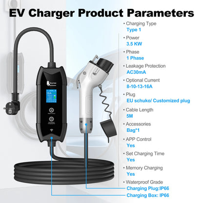 feyree Type1 Portable EV Charger 5m Cable with WIFI APP Control 16A 3.5KW Set Charging&DelayTime for EV Cars,Plug customizable