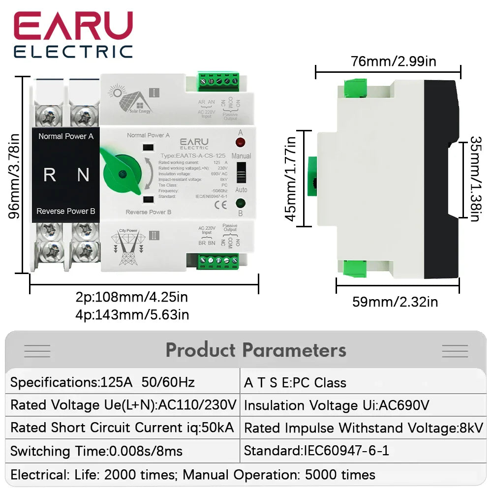 Din Rail ATS for PV and Inverter Dual Power Automatic Transfer Selector Switches Uninterrupted Power 2P 4P AC 110V AC 230V 125A