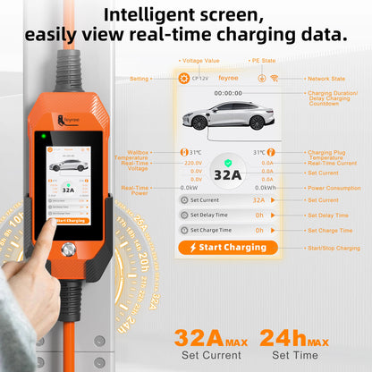 feyree TS-NACS Socket 7kW 32A 1P Portable EV Charger 4.3 Inch Touch Screen High Power Smart APP WiFi Control for EV Tesla Cars
