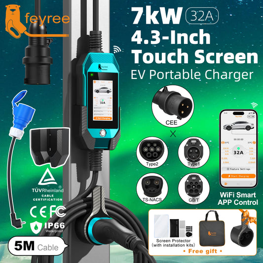 feyree EV Charger 4.3inch Touch Screen Type2 /Type1 /GBT /TS-NACS 32A 7kW 1P Portable Charger Smart APP WiFi Control for EV Cars
