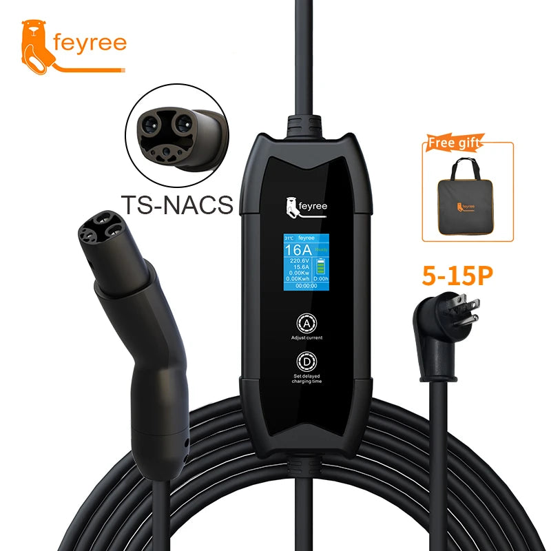 feyree EV Charger Portable 3.5kW TS-NACS Charger Plug 1.8" LCD Screen with Set Delay Schedule Charging Station for Tesla Cars