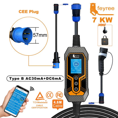 feyree Portable EV Charger 32A 7kW 1P APP WIFI Control Replaceable Charging Plug Smart Multifuction EV Charger for Electric Cars