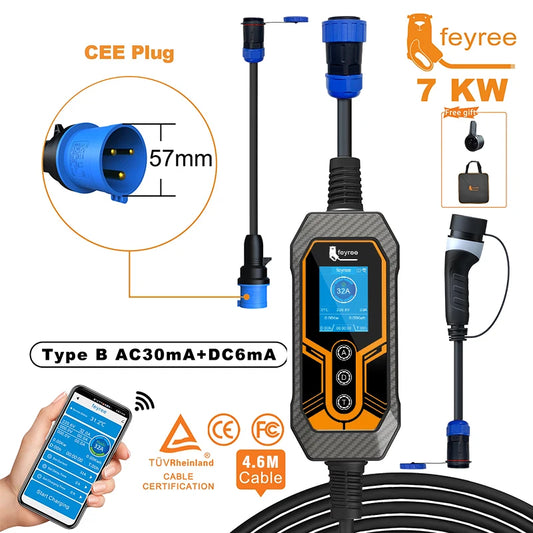 feyree Portable EV Charger 32A 7kW 1P APP WIFI Control Replaceable Charging Plug Smart Multifuction EV Charger for Electric Cars