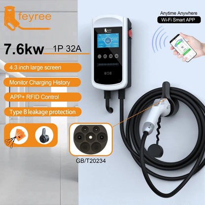 feyree GB/T Socket EV Charger 7.6kw 32A Wallbox 4.3 inch Big Screen APP Charge History Record 11kw 22kw 3 Phase Charging Station