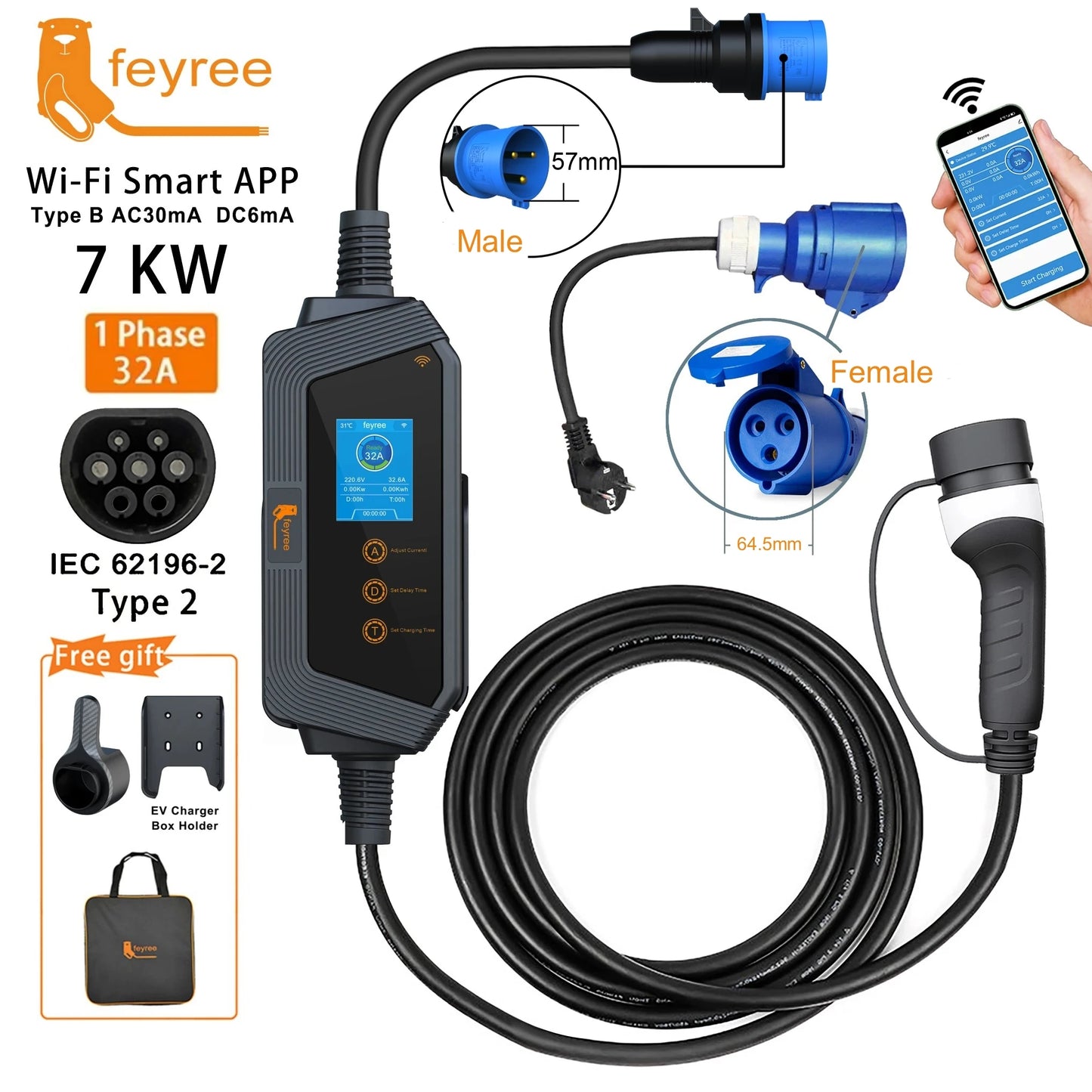 feyree Portable EV charger Type2 32A 7kW Fast Charging APP Wi-Fi Control by Setting Current & Charging time for Electric Vehicle