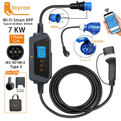 feyree Portable EV charger Type2 32A 7kW Fast Charging APP Wi-Fi Control by Setting Current & Charging time for Electric Vehicle