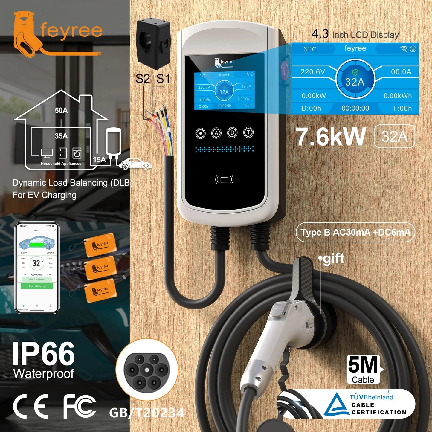feyree GB/T EV Charger 7.6kw 32A Dynamic Load Balancing Wallbox 4.3inch LCD Wifi APP Charging Log 11KW 22KW 3P Charging Station