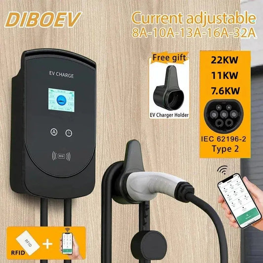 EV Charging Station 1/3 Phase Charger Electric Vehicle Car Wallbox for Type2 / Type1 32A 7.6/11/22KW IEC62196-2 SAE J1772 - 54Grid - Renewable Energy Store