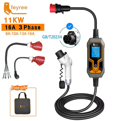 feyree 11KW 16A 3 Phase GB/T Cord EV Charger Adapter Portable Charging Box EVSE Car Charger with 5m Cable for Electric Vehicle