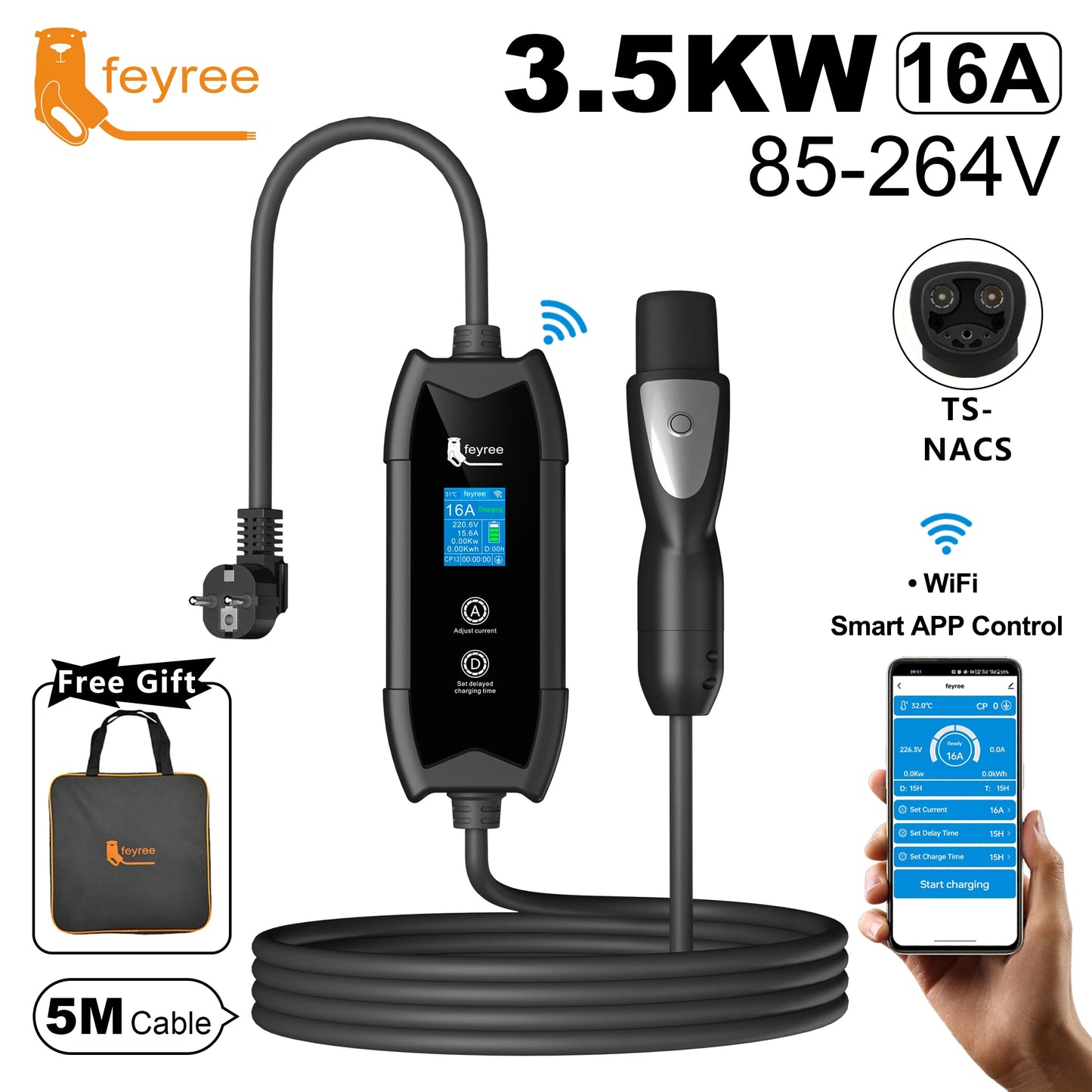 feyree EV Charger TS-NACS Socket 16A 3.5KW APP Control EVSE Portable Charging for Tesla Cars Models 3/Y/S/X Set Charge&DelayTime