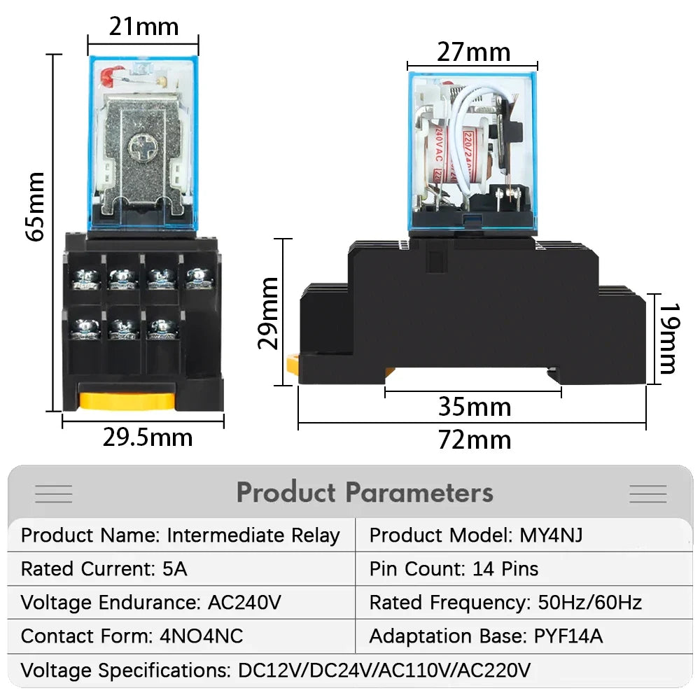 1Pcs MY2NJ MY4NJ Small Electromagnetic Relay 5A 8PIN 14PIN Coil Power Relay DC12V DC24V AC110V AC220V With Socket Base DIN Rail