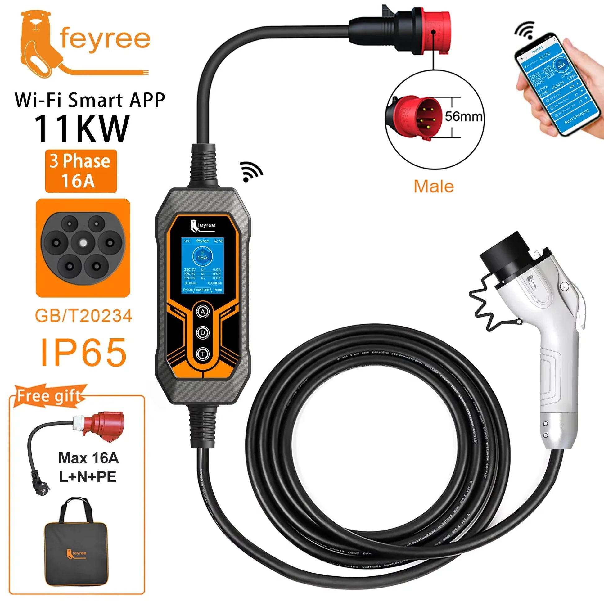 feyree GB/T 11KW 16A 3Phase Portable EV Charger Smart APP WIFI Version 5m Cable Gift Bag for Electric Vehicle Charging Station by 54Grid - Renewable Energy Store