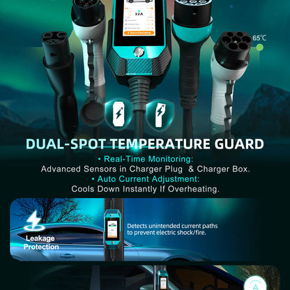 feyree EV Charger 4.3inch Touch Screen Type2 /Type1 /GBT /TS-NACS 32A 7kW 1P Portable Charger Smart APP WiFi Control for EV Cars