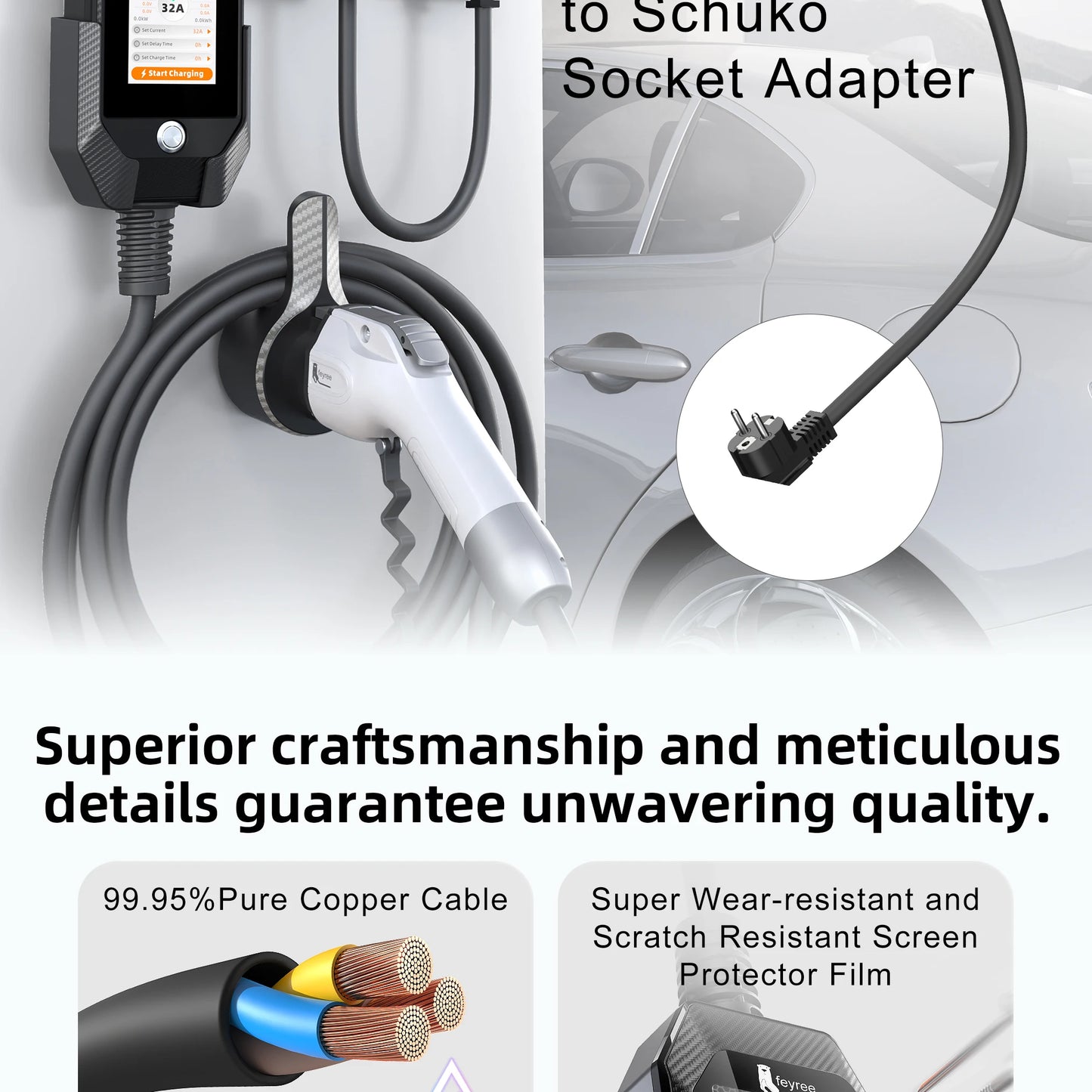 feyree 4.3'' TouchScreen Type1 Charging Plug Portable 7kW EV Charger Dual Temp Portection with Smart APP OTA Upgrade AC Charger