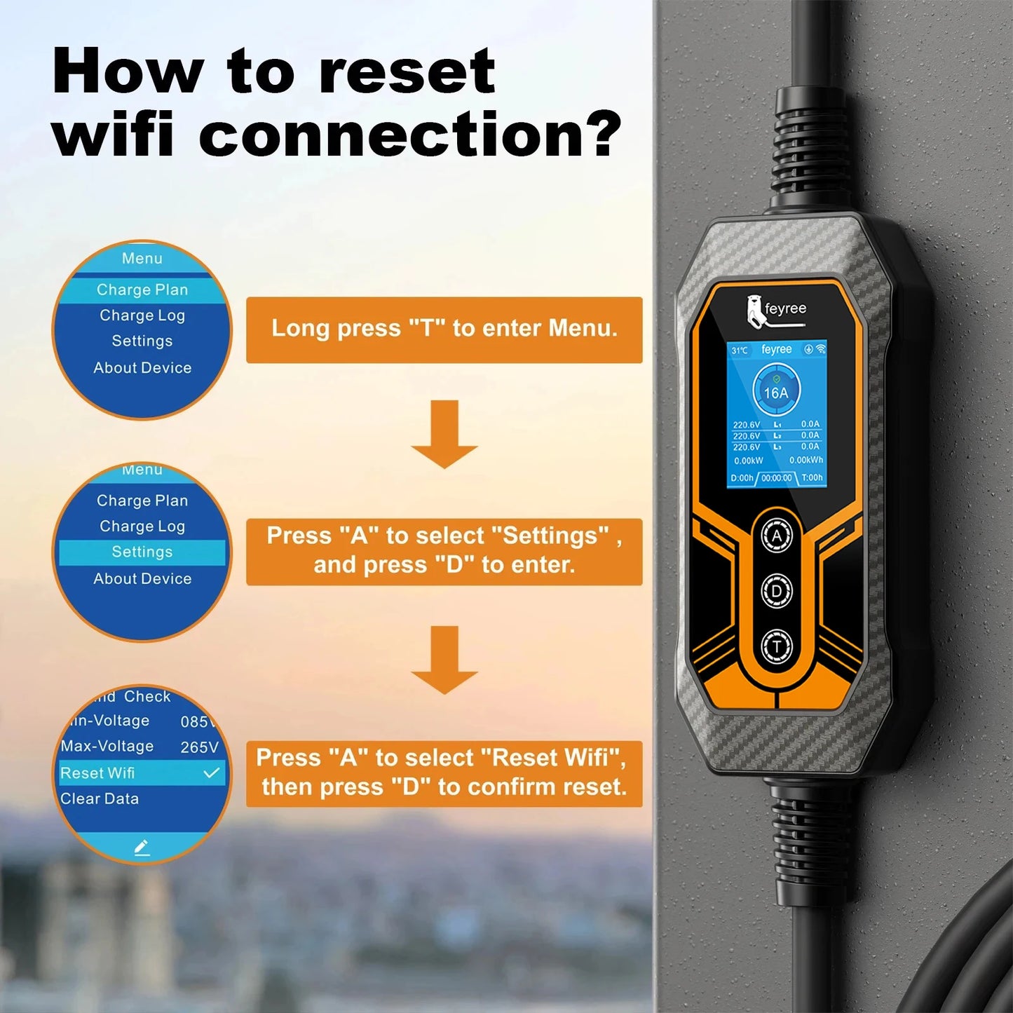 feyree 11kW Type2 16A 3Phase Portable EV Charger Wi-Fi APP Bluetooth Version EVSE Charging Cable 5m CEE Plug for Electric Car