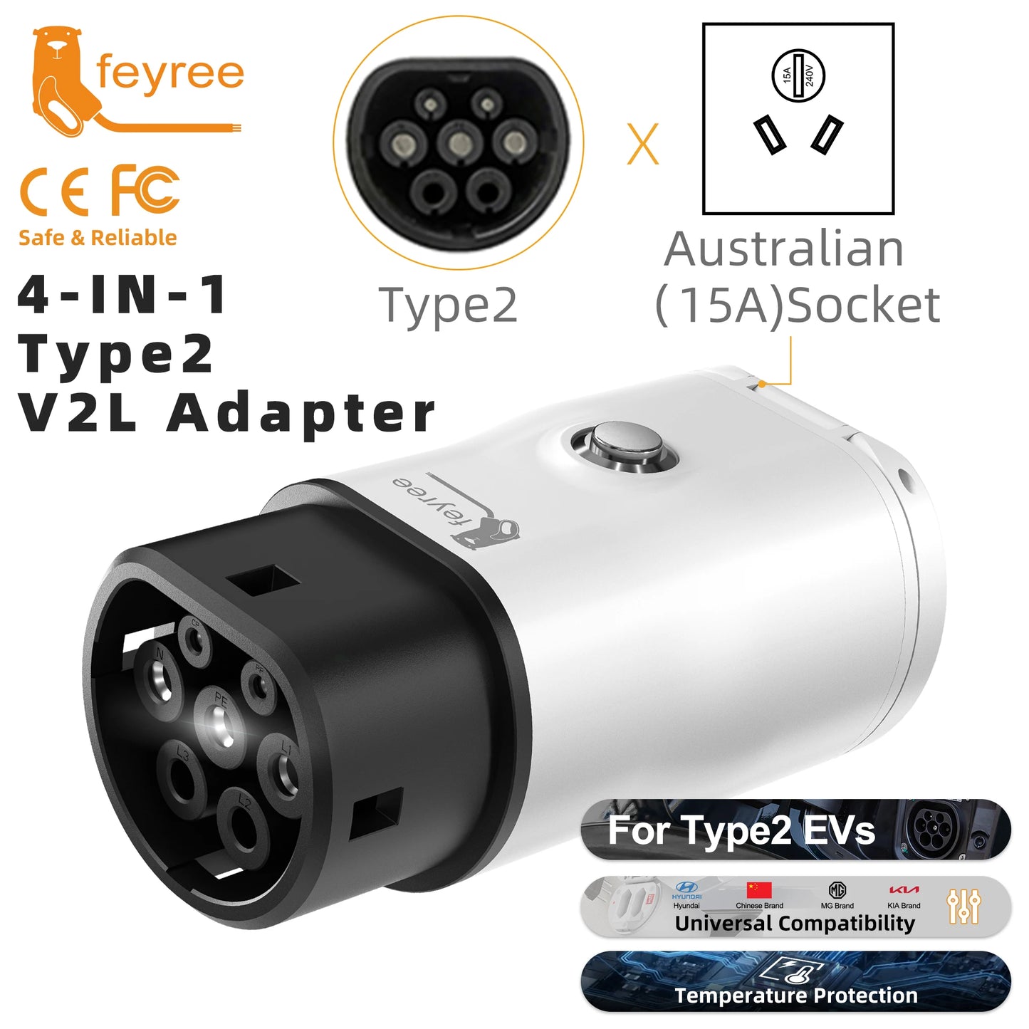 feyree Type2 V2L Discharger Adapter for MG/Kia/Hyundai/Chinese EVs,Vehicle to Load Power Converter and Safety Switch for Camping