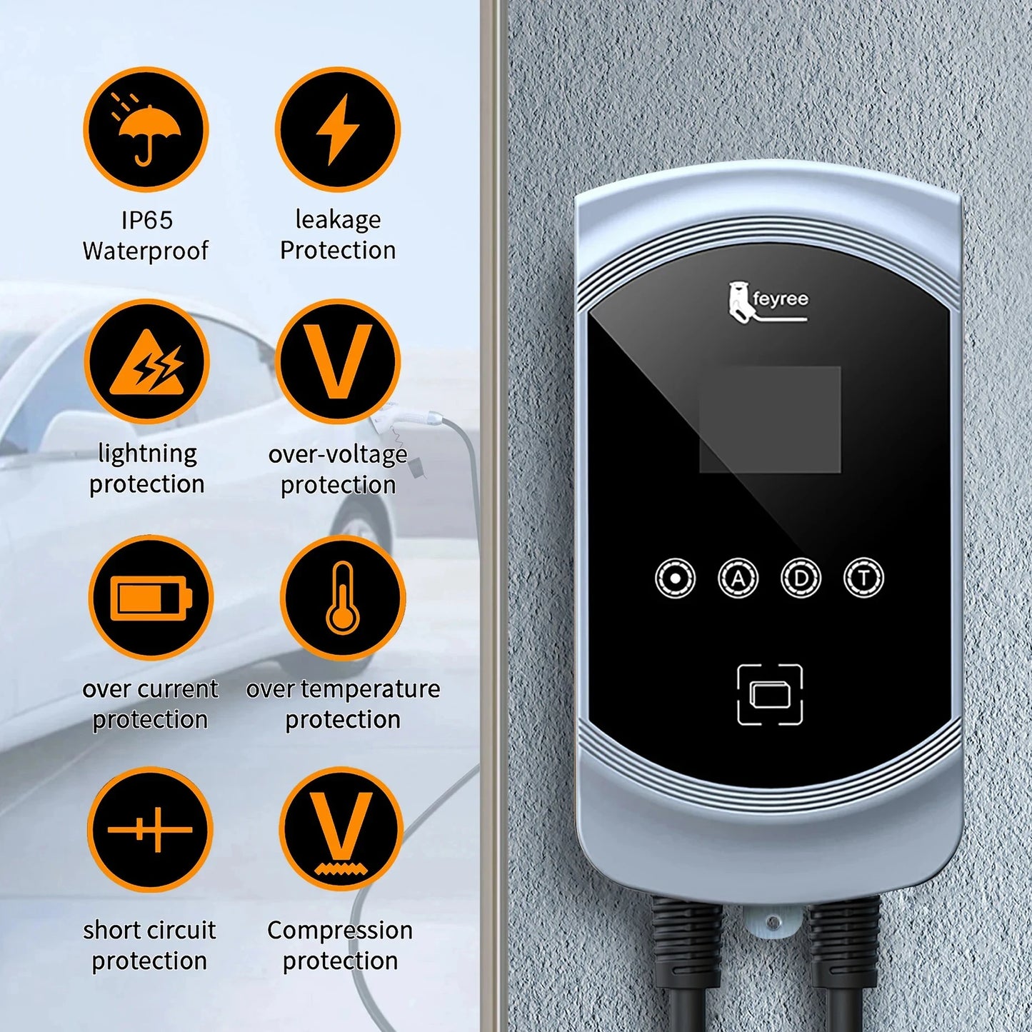 feyree EV Charger Type1 Cable j1772 Socket 32A 40A 50A Single Phase EVSE Wallbox Charging Station APP Control for Electric Car