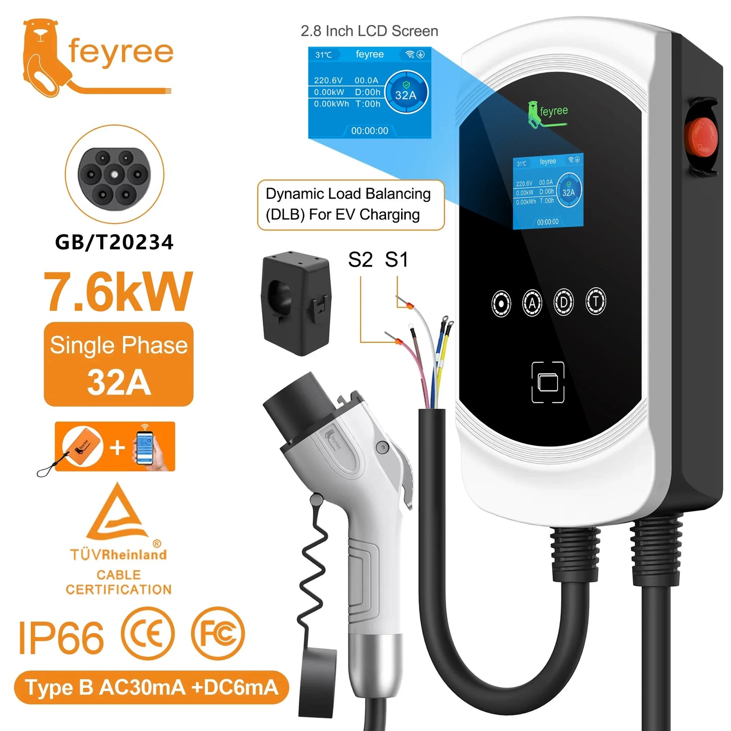 feyree EV Charger GB/T Socket Dynamic Loading Balance Charging Station 7kW 11kW 22kW APP Control for Electric Car EVSE Wallbox