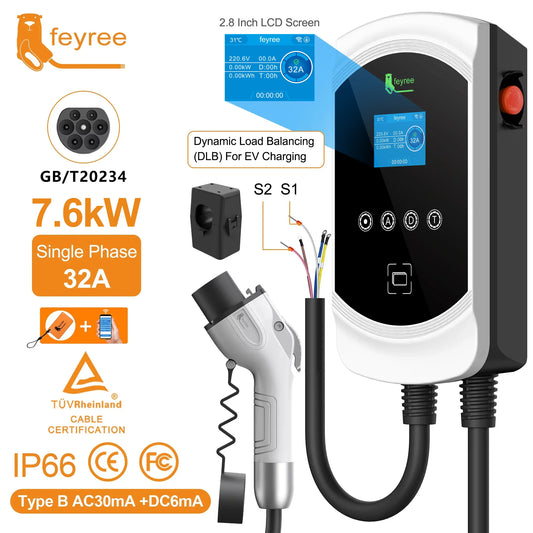 feyree EV Charger GB/T Socket Dynamic Loading Balance Charging Station 7kW 11kW 22kW APP Control for Electric Car EVSE Wallbox